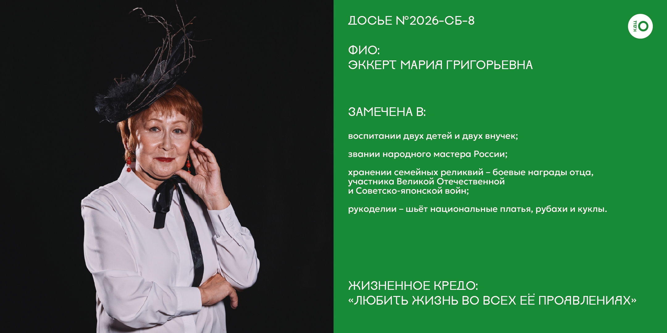 Досье № 2026-СБ-8 на участницу конкурса. Слева — портрет элегантной женщины в чёрном костюме и необычной шляпе. Справа на зелёном фоне — текст: ФИО и подробный текст.
