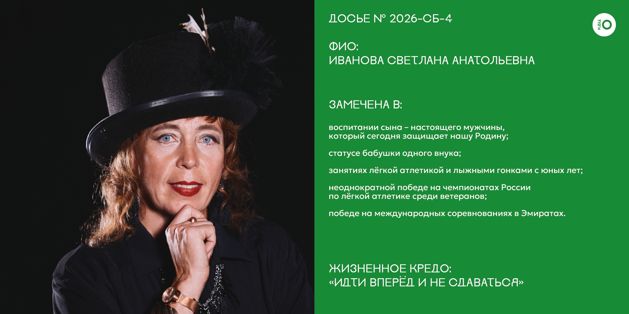 Досье № 2026-СБ-4 на участницу конкурса. Слева — портрет элегантной женщины в чёрном костюме и необычной шляпе. Справа на зелёном фоне — текст: ФИО и подробный текст.