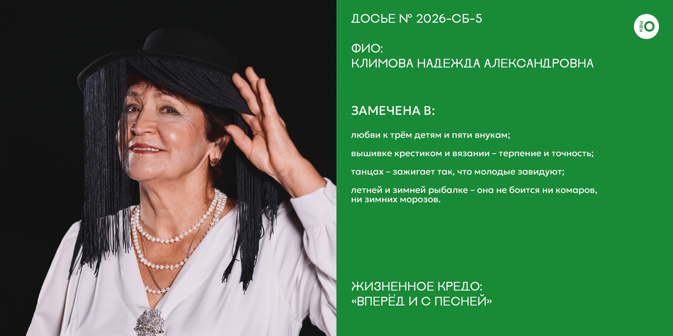 Досье № 2026-СБ-5 на участницу конкурса. Слева — портрет элегантной женщины в чёрном костюме и необычной шляпе. Справа на зелёном фоне — текст: ФИО и подробный текст.